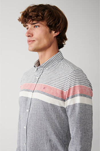 Avva Men's Navy Blue Cotton Linen Blended Striped Shirt A31Y2264