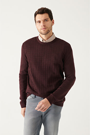 Avva Men's Claret Red Crew Neck Textured Front Knitwear Sweater A22Y5072