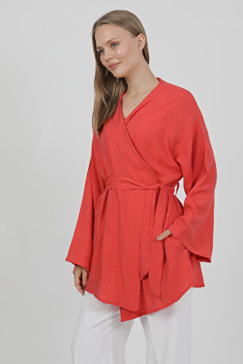 PASTELASTORE Red Natural Viscose Fabric Women's Kimono with Pockets and Belt 1168 – Collarless, Lightweight, Flowy