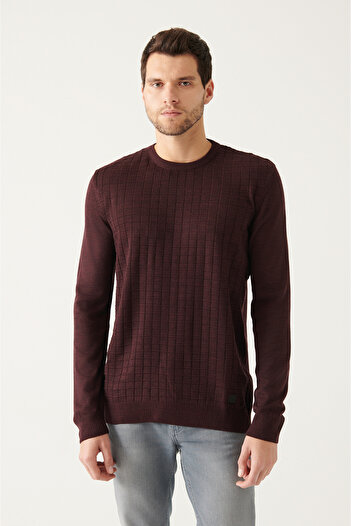 Avva Men's Claret Red Crew Neck Textured Front Knitwear Sweater A22Y5072