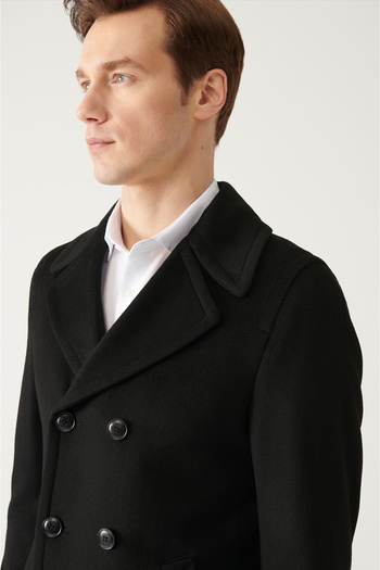 Avva Men's Black Double Breasted Collar Wool Stamp Coat A22Y6101