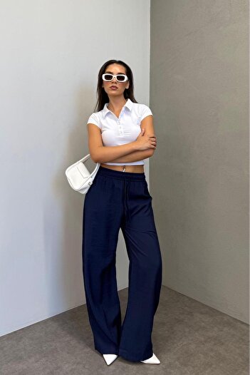 Madmext Navy Blue Wide Leg Women's Trousers MG1982