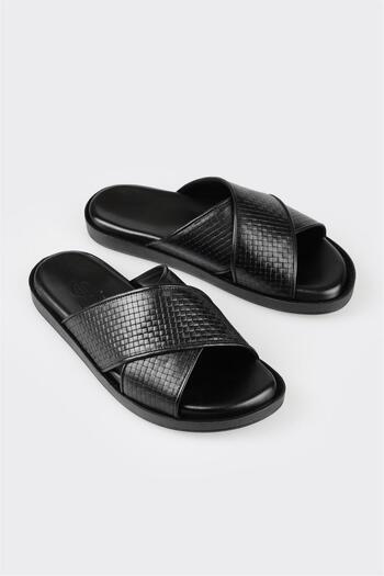 Elle Shoes Μαύρες δερμάτινες ανδρικές παντόφλες
