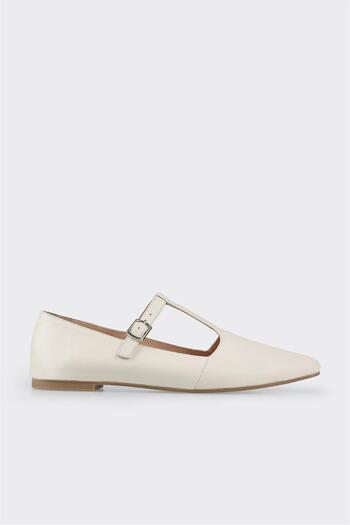 Elle Shoes Ecru Leather Women's Ballerinas