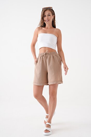 Butik Γυναικείο σορτς μουσελίνας βιζόν 100% βαμβακερό ελαστική μέση με διπλή τσέπη Mg2025