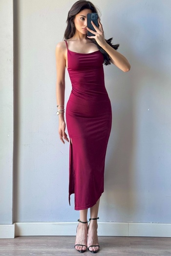 Eka Women's Burgundy Strap Slit Long Dress 1009-1034