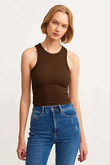 la & vetta Pack of 2 Brown Navy Blue Ribbed Halter Collar Knitted Tank Top