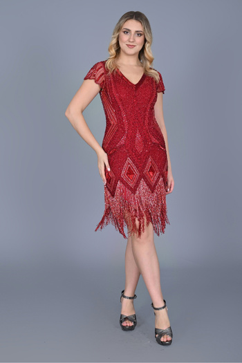 GATSBYLADY LONDON Art Deco Fringe Flapper Dress in Red