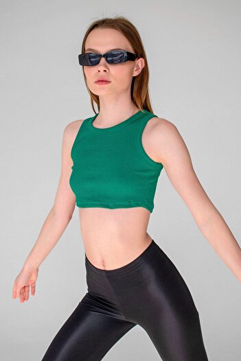 la & vetta Grass Green Ribbed Super Crop Halter Collar Knitted Tank Top