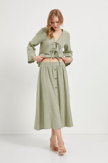 Arma Life Women's Buttoned Elastic Waist Summer Khaki Long Skirt