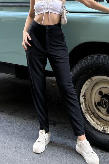 la & vetta Black Collared High Waist Crepe Trousers