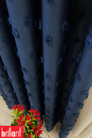 Perde Pendik Fon Curtain Navy Blue Pufy Brillant Tasseled, Pompom, Curtain Tight Pleated Linen Panel Fon Single Wing