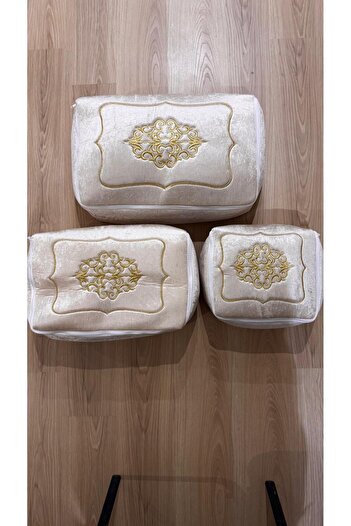 HAYRAN HOME Dowry Velvet Gold Embroidered 3-Piece Cappuccino Bundle Engagement Bride Groom Hurcu