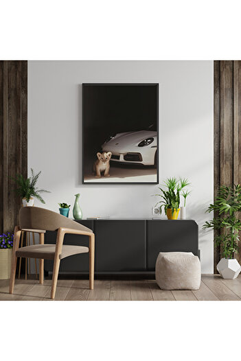 Arthopia Baby Lion And Porsche Poster Çerçeveli Sanatsal Tasarım Tablo