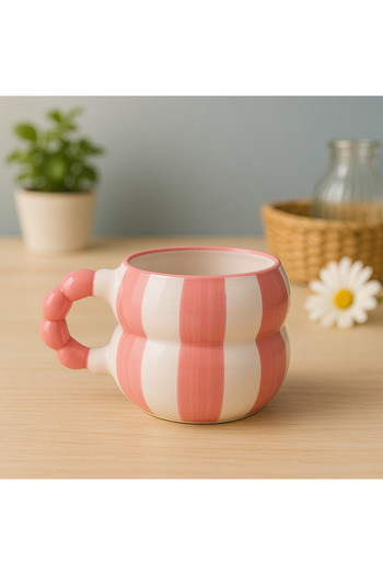 SırART Beaded Handle Pink Striped Patterned Hand Embroidered Ceramic Mug