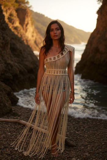 Zuviel Deco Long Cleopatra One Shoulder Macrame Dress, Beach Dress