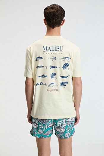 GRIMELANGE SAVOR Erkek Oversize %100 Pamuk Baskılı Yuvarlak Yaka Sarı T-Shirt