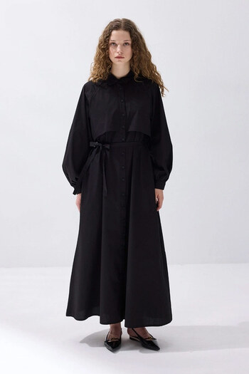 Hooopstore Aller Detailed Cotton Poplin Black Dress