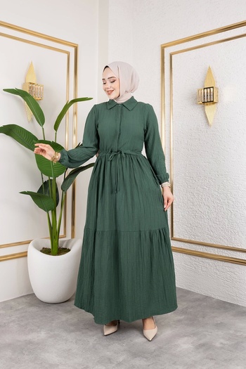 Nevayla Moda Lara υφασμάτινο γυναικείο φόρεμα με μισό κουμπί - Χακί / E0121