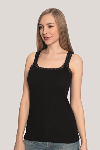 Arma Yıldız Women's Lace Strap Undershirt Black 3 Pack 100% Cotton Ribbed Stretchy