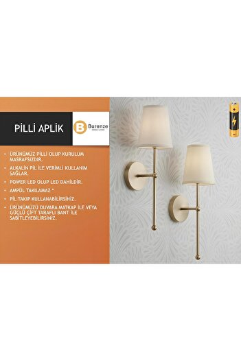 burenze Modern Tasarım 1 Adet Ledli Pilli Aplik Tak Çalıştır Eskitme Gold Sarı Krem Abajur Gün Işığı Pilli