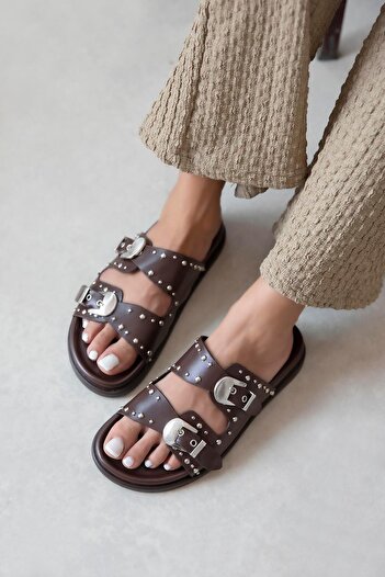 STRASWANS Gavi Γυναικεία Drop Detail Daily Comfort Δερμάτινες Παντόφλες Καφέ