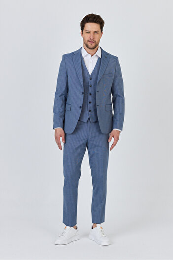 Frappoli Ateca Erkek Koyu Mavi İtalyan Çizgili Ceket+Pantolon+Yelekli Slim Fit Takim Elbise