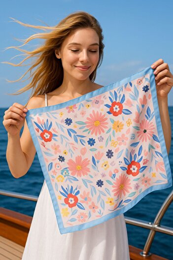 Axesoire 15150 Flower Patterned Baby Blue Bandana Scarf