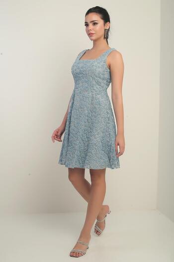By Saygı Women's Thick Strap Lined Glitter Flock Printed Short Flared Dress
