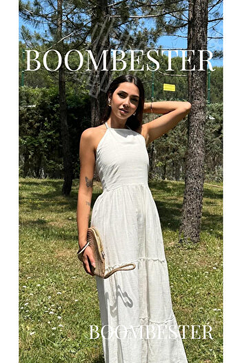 BoomBester Γυναικείο μάξι φόρεμα 100% λινό με δεμένο λαιμό με ανοιχτή μέση - Premium κομψότητα και άνετο καλοκαίρι