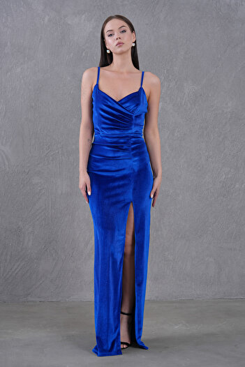 vuvutasarım New Season Women's Velvet Low-cut and Slit Strap Evening Dress