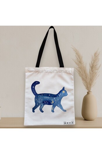 BEKZ Textile Bag With Zipper, Tote Bag, Astral Cat Pattern, 38x34.5 Cm, ​​White, ®