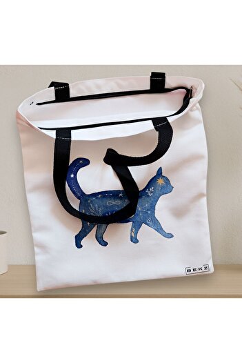 BEKZ Textile Bag With Zipper, Tote Bag, Astral Cat Pattern, 38x34.5 Cm, ​​White, ®