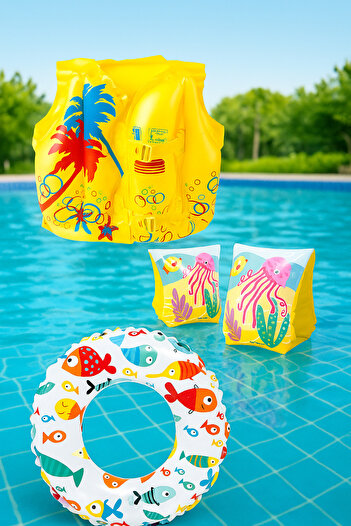 Yeşil Oyuncak 3-6 Years Old 3-Piece Swimming Assistant Set Life Jacket + Lifebuoy + Inflatable Armlet Swimming Set