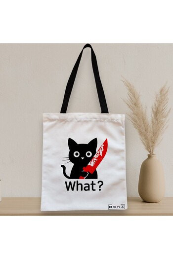BEKZ Textile Bag With Zipper, Tote Bag, Funny Black Cat Pattern, 38x34.5 Cm, ​​White, ®