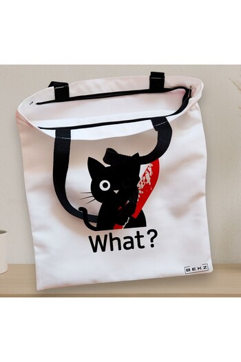 BEKZ Textile Bag With Zipper, Tote Bag, Funny Black Cat Pattern, 38x34.5 Cm, ​​White, ®