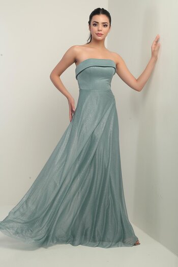 By Saygı Women's Glittery Long Tulle Dress with Sponge Lining on the Collar
