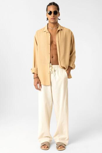 VAMOSCLO Elastic Waist Baggy Fit Linen Trousers Natural