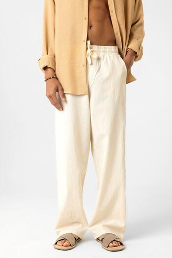 VAMOSCLO Elastic Waist Baggy Fit Linen Trousers Natural