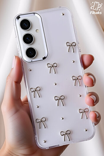 Fibaks Galaxy S24 FE uyumlu Kılıf Fiyonk Desenli Şeffaf Simli Gümüş Kamera Çıkıntılı Parlak Kapak