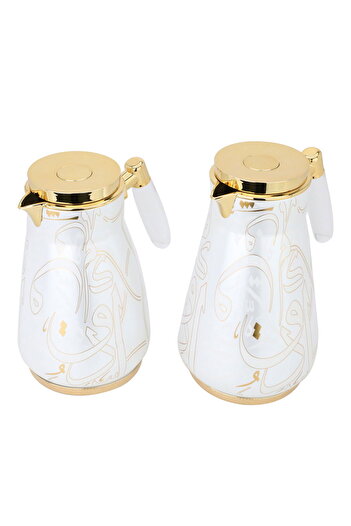 Alsaif Gallery A Set Of Two-Piece Cream Embossed Thermos With Golden Engraving And Transparent Handle