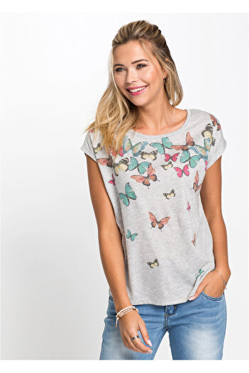 Şans Tekstil Women's Gray Butterfly Printed Low Sleeve Blouse 87m33290 26a33290