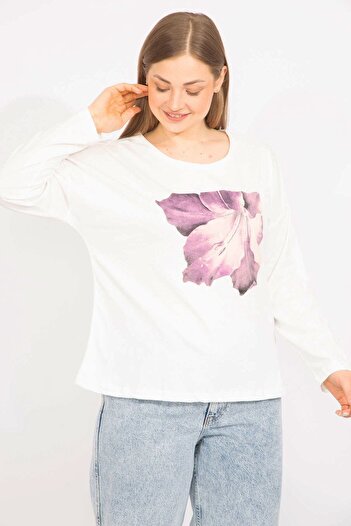 Şans Women's Bone Plus Size Cotton Fabric Capri Sleeve Printed Blouse 65n35563