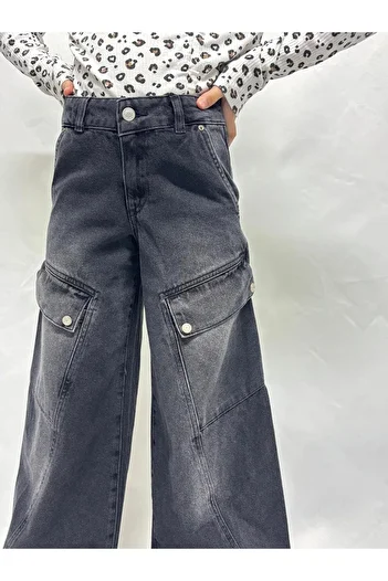Ede Tekstil Girls' Wide-Leg Black Jeans with Pockets