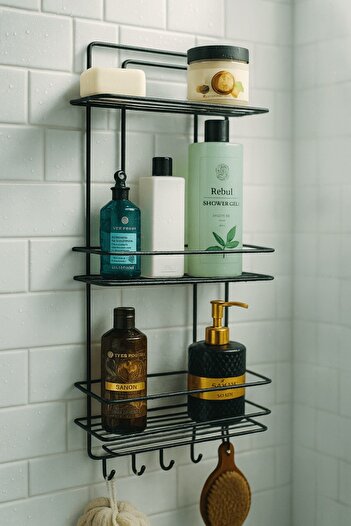 Sas Haus Stainless Black Adhesive Bathroom Shower Shelf Shampoo Holder 3-Tier with 4 Hooks Durable Organizer