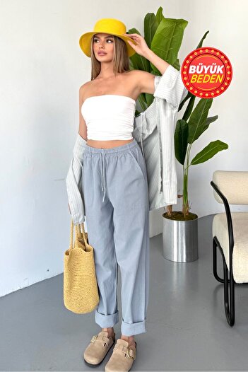 Dechers Women's Large Size High Waist Linen Look 100% Cotton Trousers W206