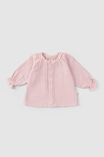Little Gusto Embroidered Muslin Baby Shirt Organic Cotton Beige Pink