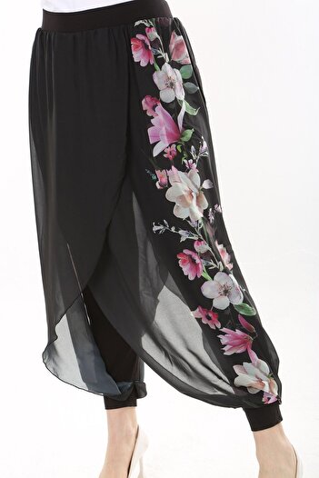Şans Women's Large Size Black Inner Viscose Trousers Chiffon Wrap Look Shalwar 65N37631