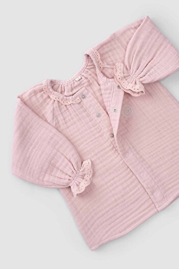 Little Gusto Embroidered Muslin Baby Shirt Organic Cotton Beige Pink