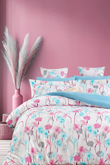İQON Fitted Sheet Duvet Cover Set Double Size Lily Turquoise